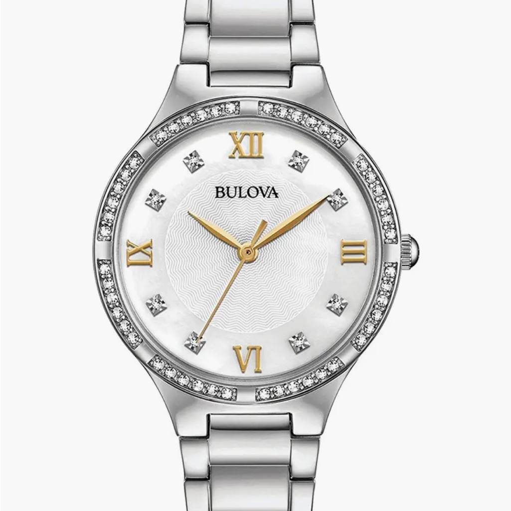 Bulova Womens Crystal Bezel  Diamond Dial Bracelet Watch 34mm